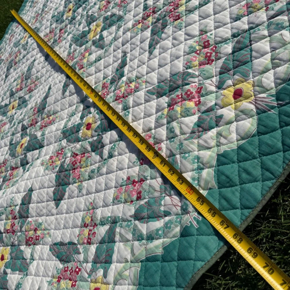 Columbia Ideal Quilting Co Floral Bedspread Teal Pink Yellow Quilted 80x70 B+